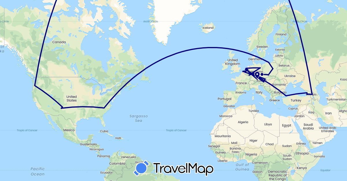 TravelMap itinerary: driving in Austria, Belgium, Czech Republic, Germany, Georgia, Netherlands, Poland, Turkey, United States (Asia, Europe, North America)
